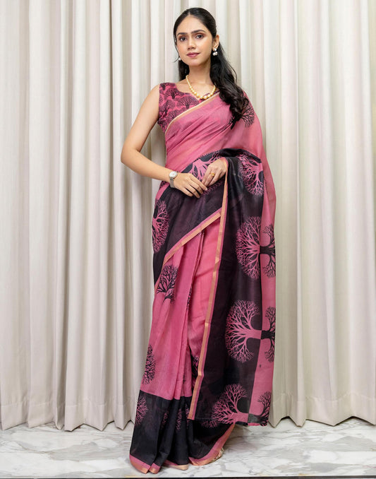 Ready To Wear Pink Linen Printed Saree