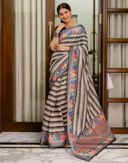 Ready To Wear Beige Cotton Printed Saree