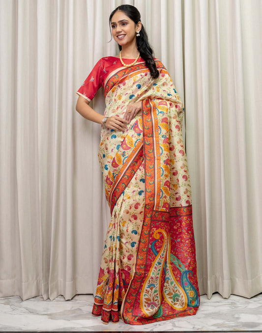Ready To Wear Beige Silk Printed Saree