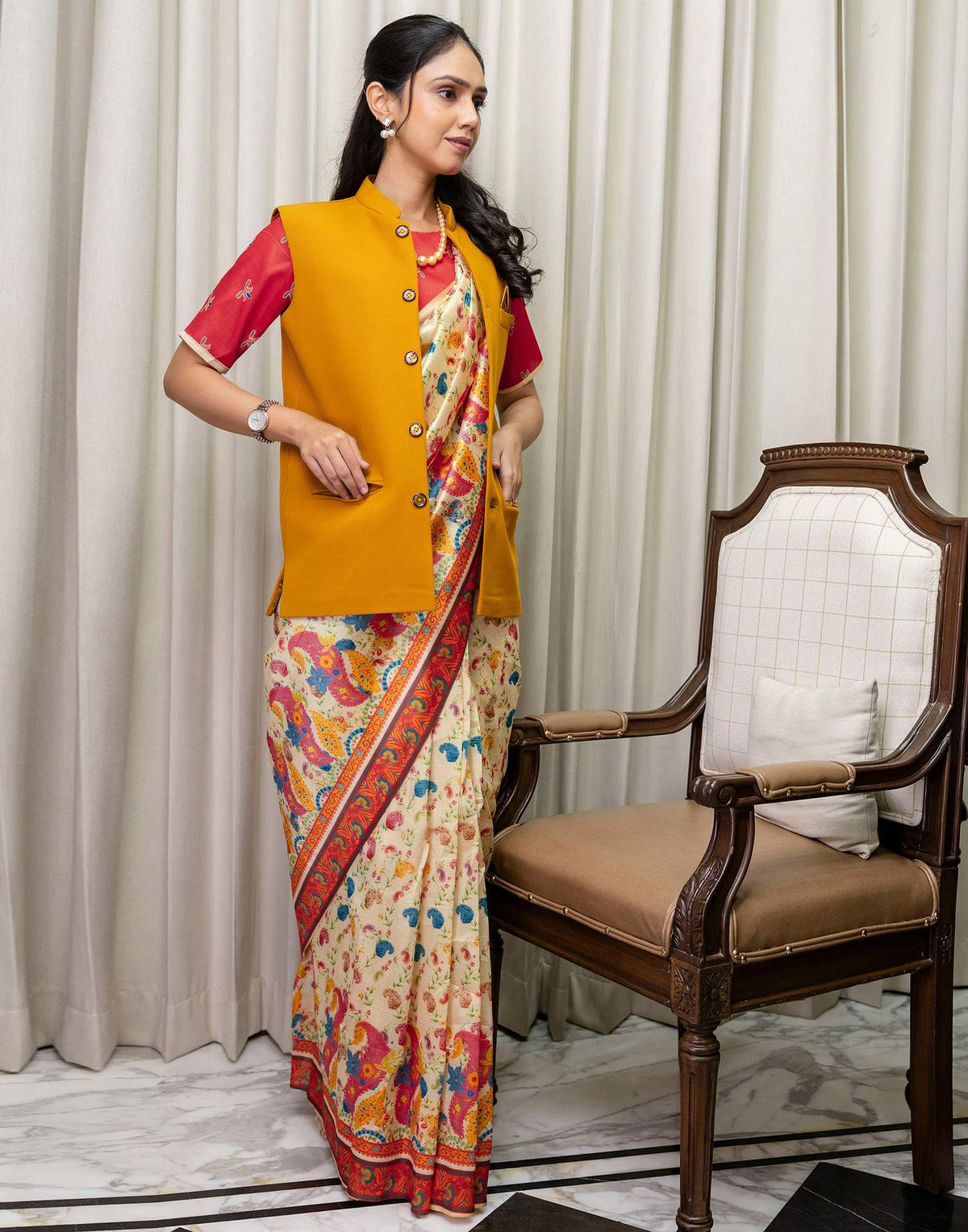 Ready To Wear Beige Silk Printed Saree