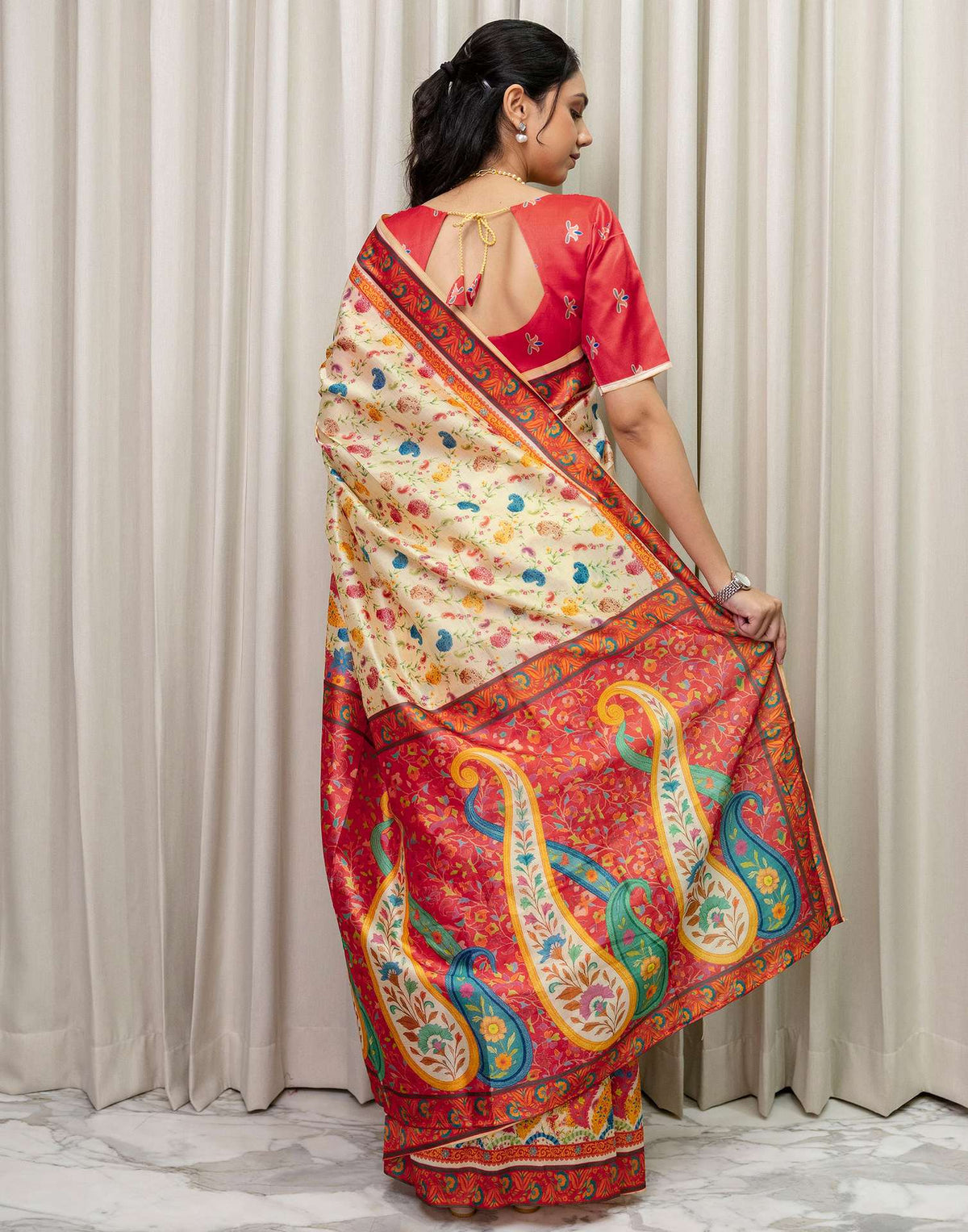 Ready To Wear Beige Silk Printed Saree