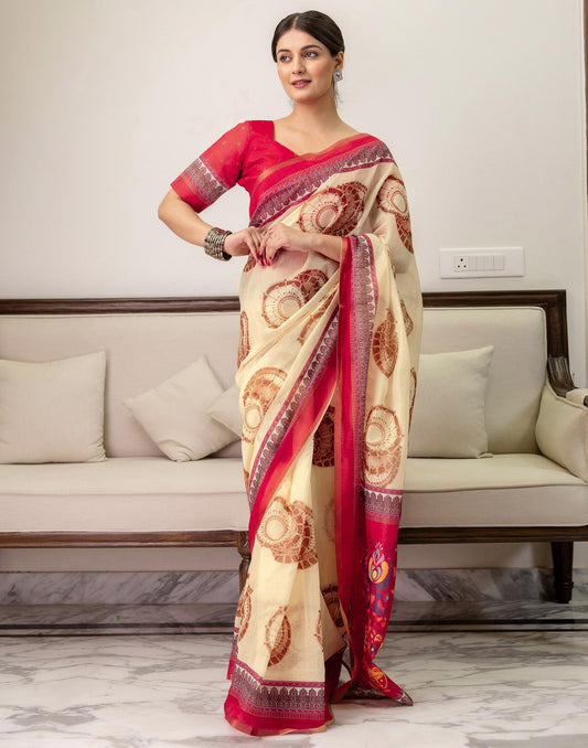Ready To Wear Cream Linen Printed Saree