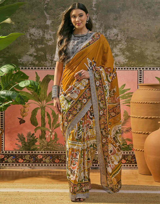 Ready To Wear Mustard Yellow Cotton Printed Saree
