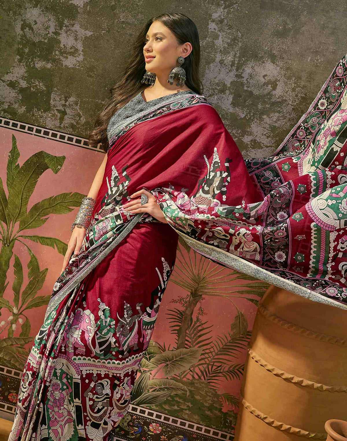 Ready To Wear Maroon Cotton Printed Saree