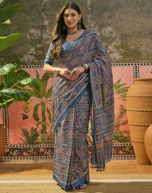 Ready To Wear Blue Cotton Printed Saree