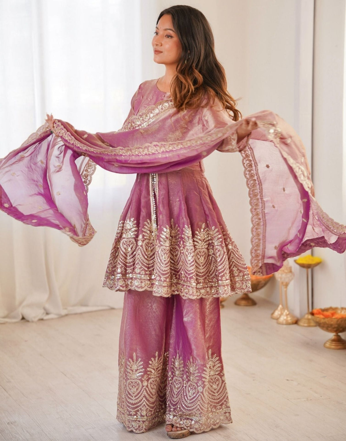 Dusty Rose Organza Embroidery Peplum Kurta Set With Dupatta