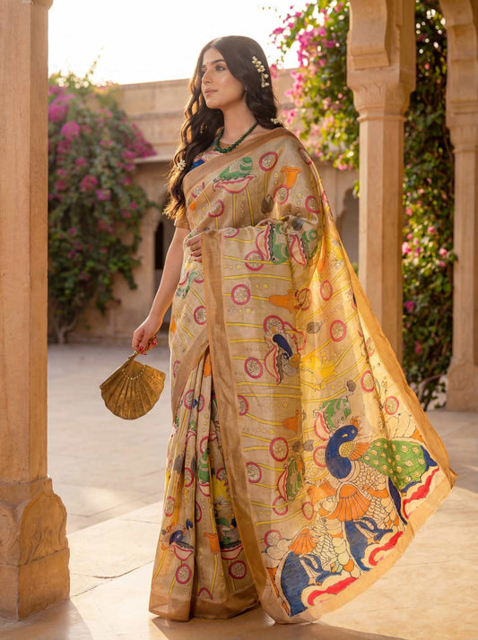 Ready To Wear Beige Silk Printed Saree