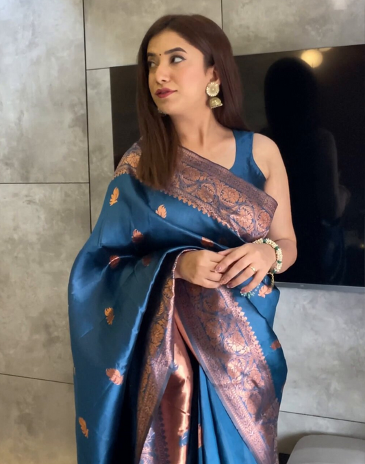 Sea Blue Silk Woven Banarasi Saree